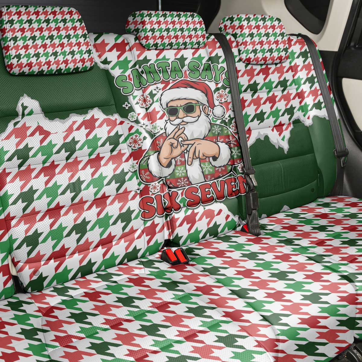 Funny Santa Claus Says Six Seven Back Car Seat Cover Christmas Houndstooth Pattern - Wonder Print Shop
