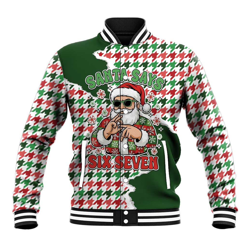 Funny Santa Claus Says Six Seven Baseball Jacket Christmas Houndstooth Pattern - Wonder Print Shop