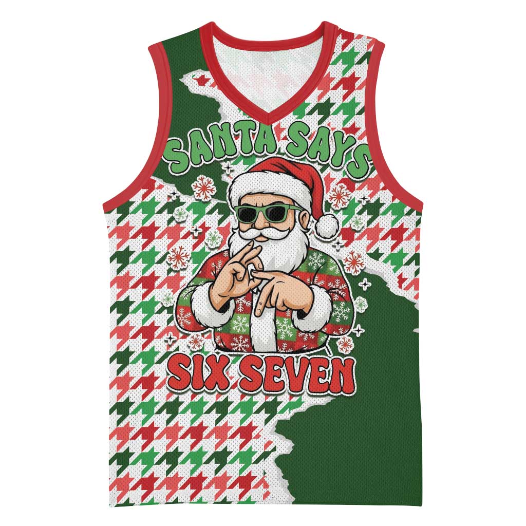 Funny Santa Claus Says Six Seven Basketball Jersey Christmas Houndstooth Pattern - Wonder Print Shop