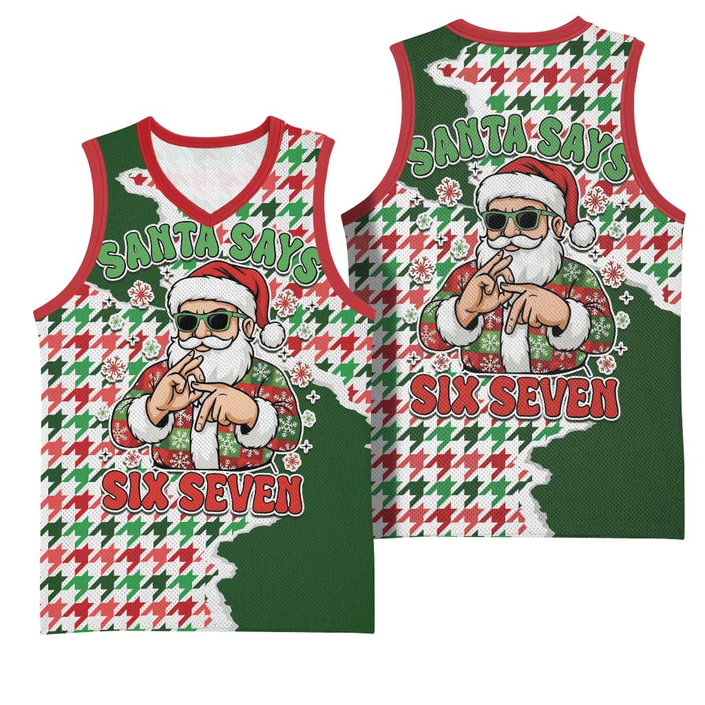 Funny Santa Claus Says Six Seven Basketball Jersey Christmas Houndstooth Pattern - Wonder Print Shop
