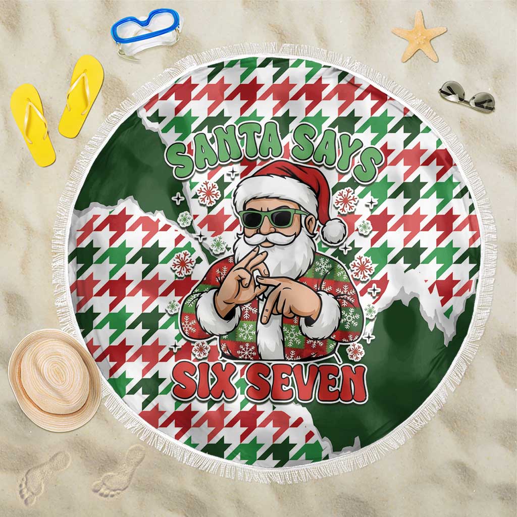 Funny Santa Claus Says Six Seven Beach Blanket Christmas Houndstooth Pattern - Wonder Print Shop