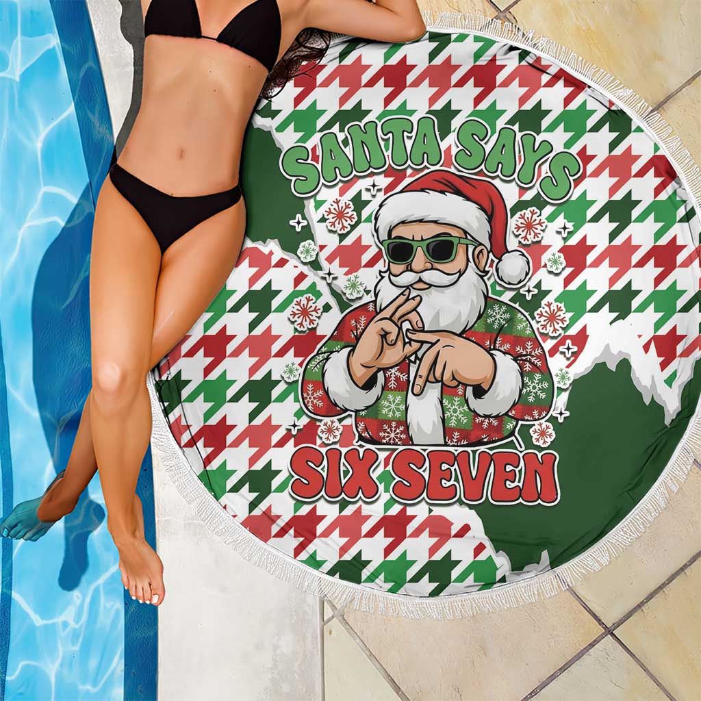 Funny Santa Claus Says Six Seven Beach Blanket Christmas Houndstooth Pattern - Wonder Print Shop