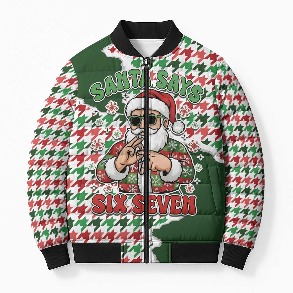 Funny Santa Claus Says Six Seven Bomber Puffer Jacket Christmas Houndstooth Pattern - Wonder Print Shop