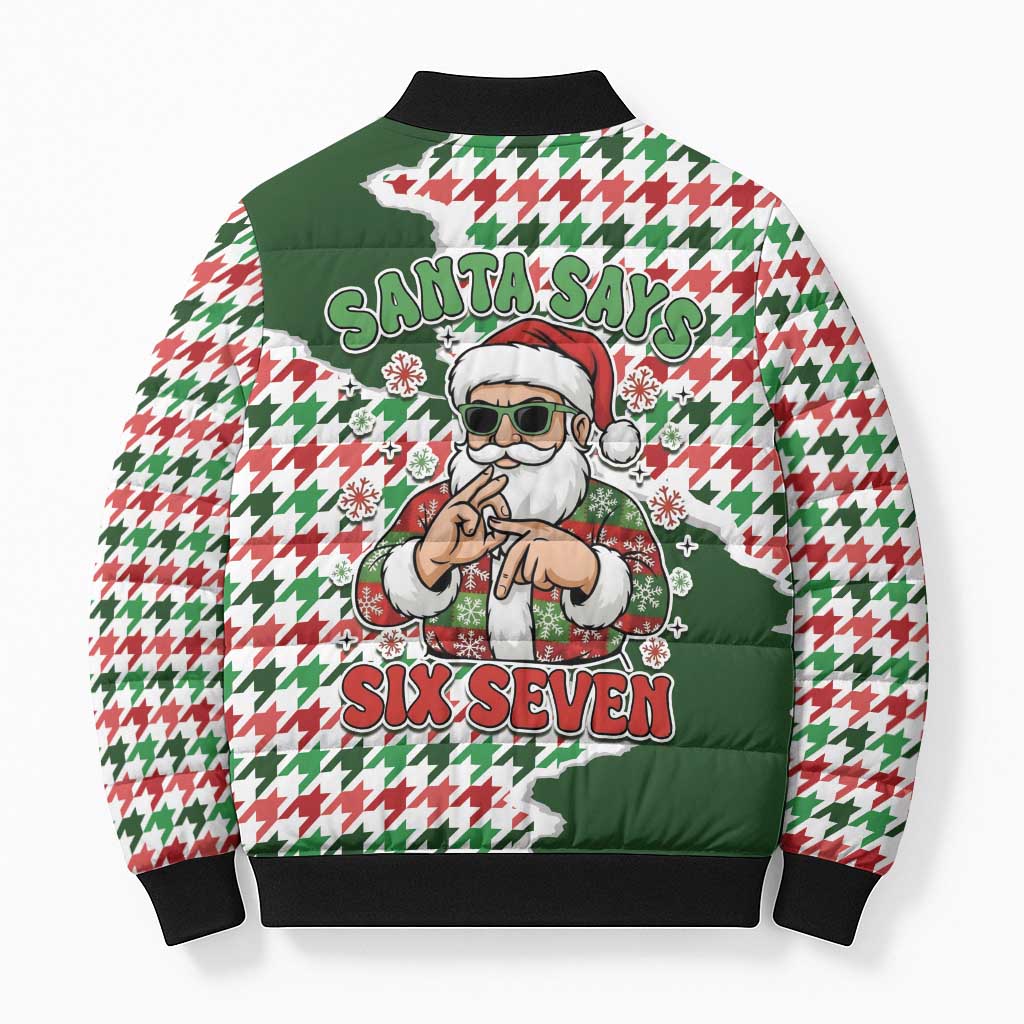 Funny Santa Claus Says Six Seven Bomber Puffer Jacket Christmas Houndstooth Pattern - Wonder Print Shop