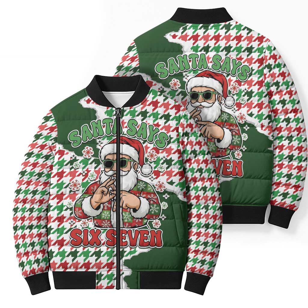 Funny Santa Claus Says Six Seven Bomber Puffer Jacket Christmas Houndstooth Pattern - Wonder Print Shop