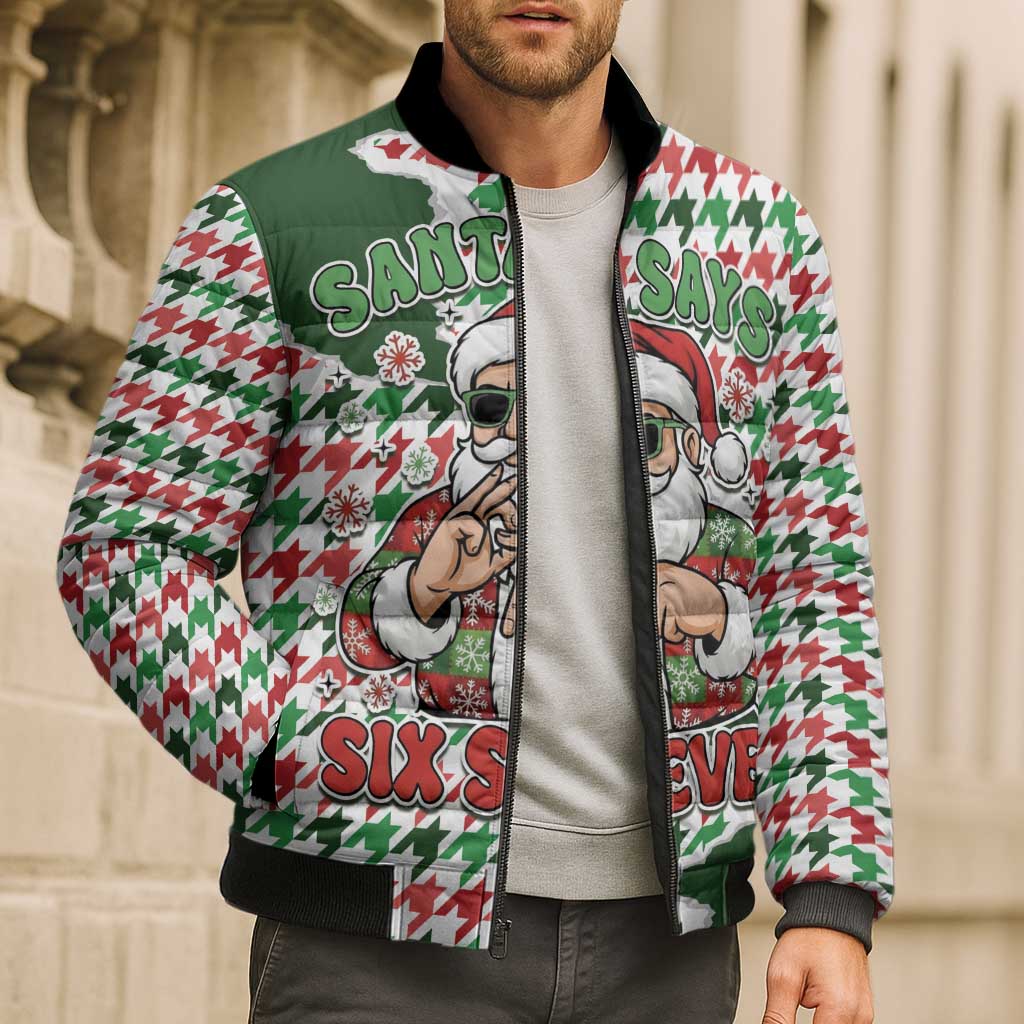 Funny Santa Claus Says Six Seven Bomber Puffer Jacket Christmas Houndstooth Pattern - Wonder Print Shop