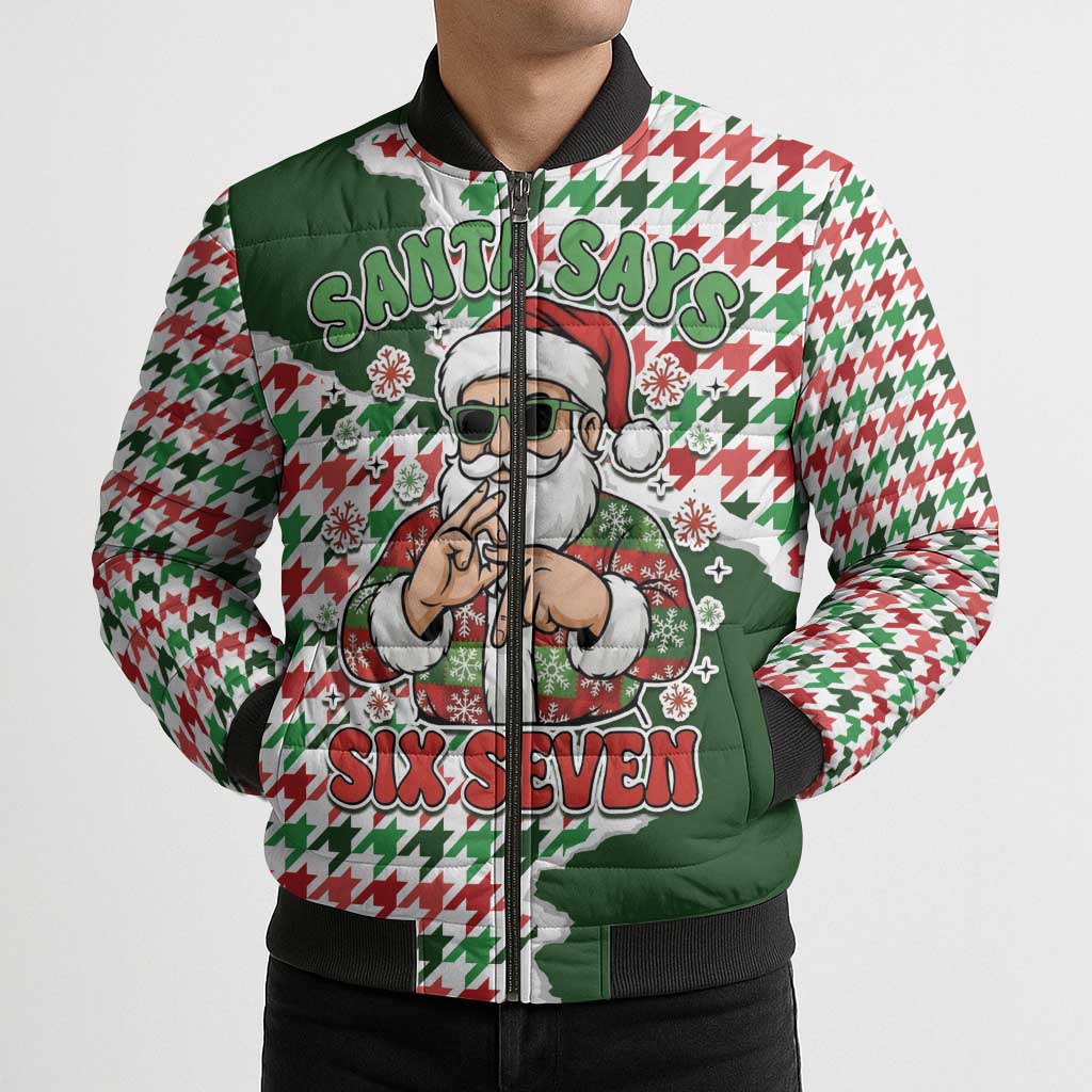 Funny Santa Claus Says Six Seven Bomber Puffer Jacket Christmas Houndstooth Pattern - Wonder Print Shop