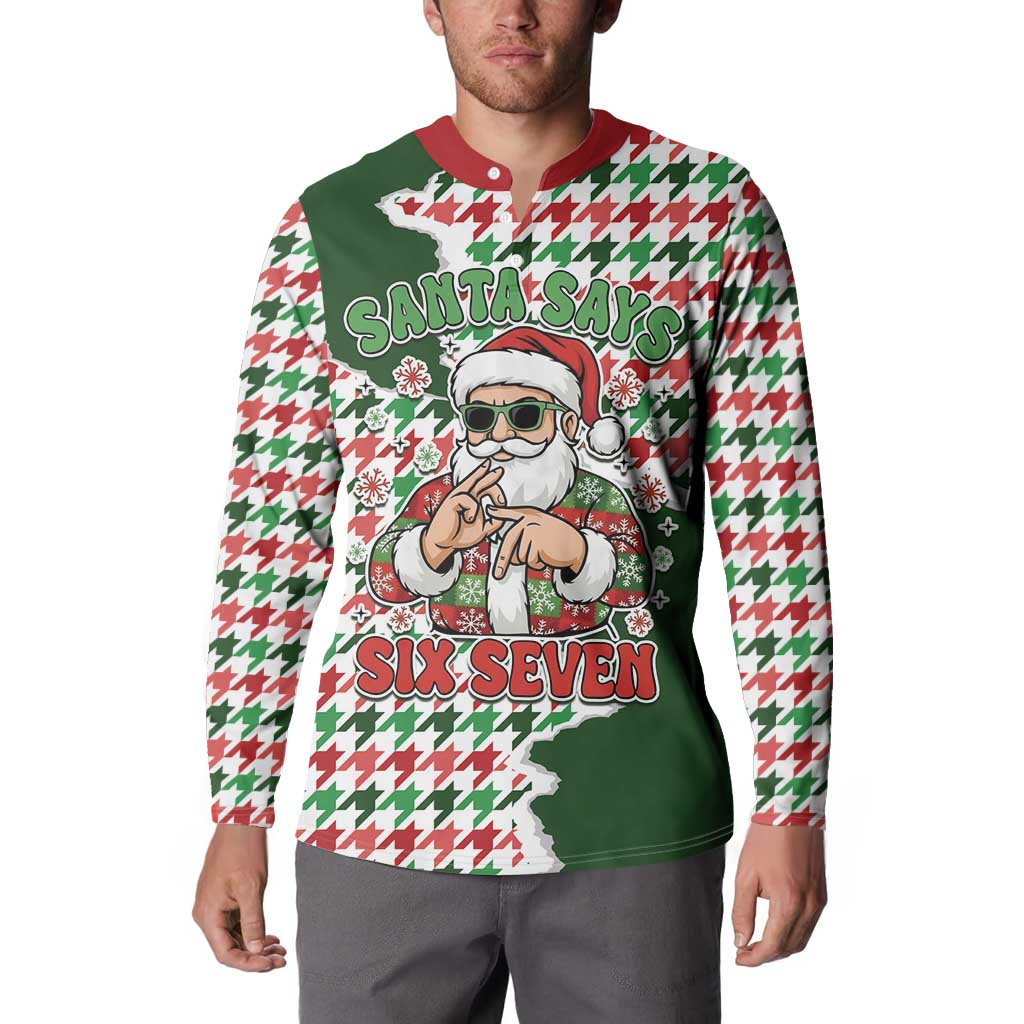 Funny Santa Claus Says Six Seven Button Sweatshirt Christmas Houndstooth Pattern - Wonder Print Shop