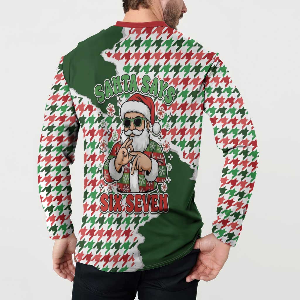 Funny Santa Claus Says Six Seven Button Sweatshirt Christmas Houndstooth Pattern - Wonder Print Shop