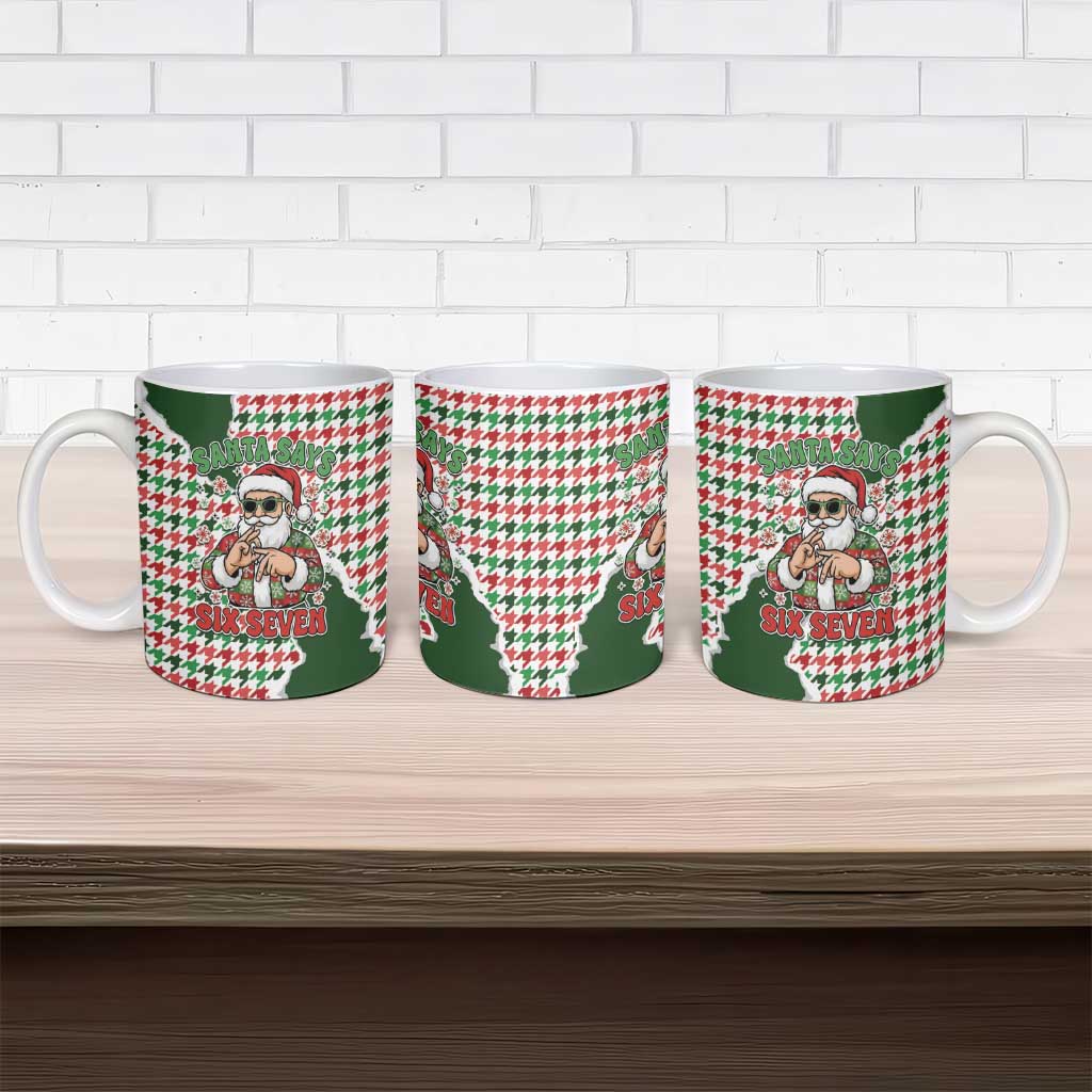 Funny Santa Claus Says Six Seven Ceramic Mug Christmas Houndstooth Pattern - Wonder Print Shop