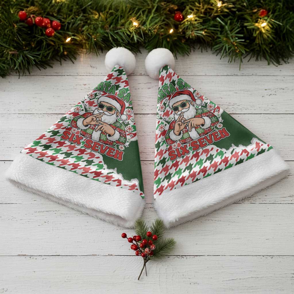 Funny Santa Claus Says Six Seven Christmas Santa Hat Christmas Houndstooth Pattern - Wonder Print Shop