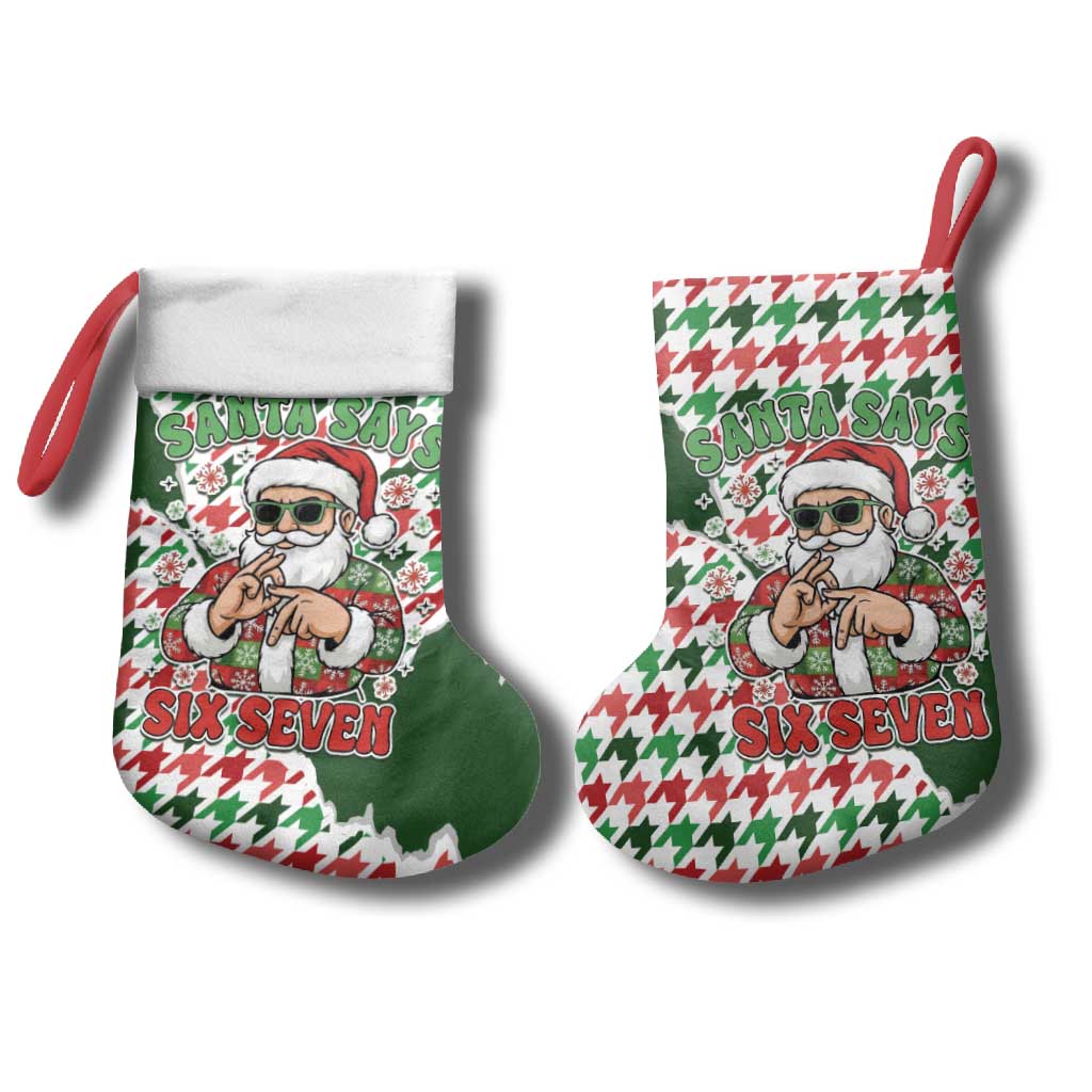 Funny Santa Claus Says Six Seven Christmas Stocking Christmas Houndstooth Pattern - Wonder Print Shop