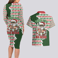 Funny Santa Claus Says Six Seven Couples Matching Long Sleeve Bodycon Dress and Hawaiian Shirt Christmas Houndstooth Pattern - Wonder Print Shop