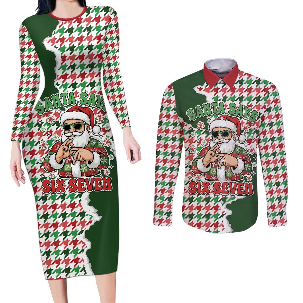 Funny Santa Claus Says Six Seven Couples Matching Long Sleeve Bodycon Dress and Long Sleeve Button Shirt Christmas Houndstooth Pattern - Wonder Print Shop