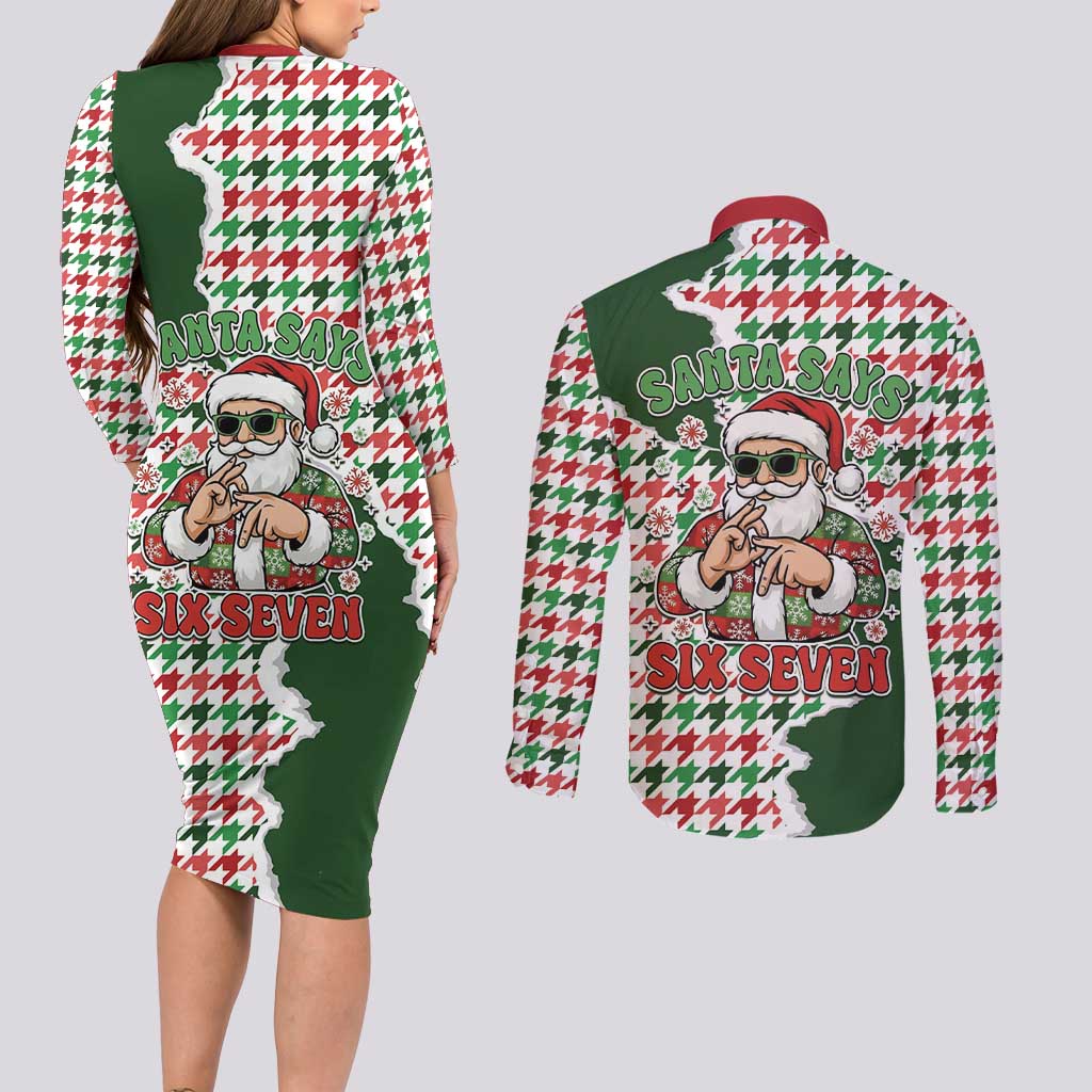 Funny Santa Claus Says Six Seven Couples Matching Long Sleeve Bodycon Dress and Long Sleeve Button Shirt Christmas Houndstooth Pattern - Wonder Print Shop