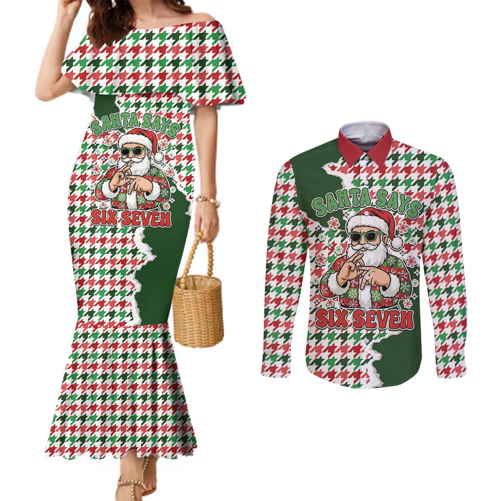 Funny Santa Claus Says Six Seven Couples Matching Mermaid Dress and Long Sleeve Button Shirt Christmas Houndstooth Pattern - Wonder Print Shop