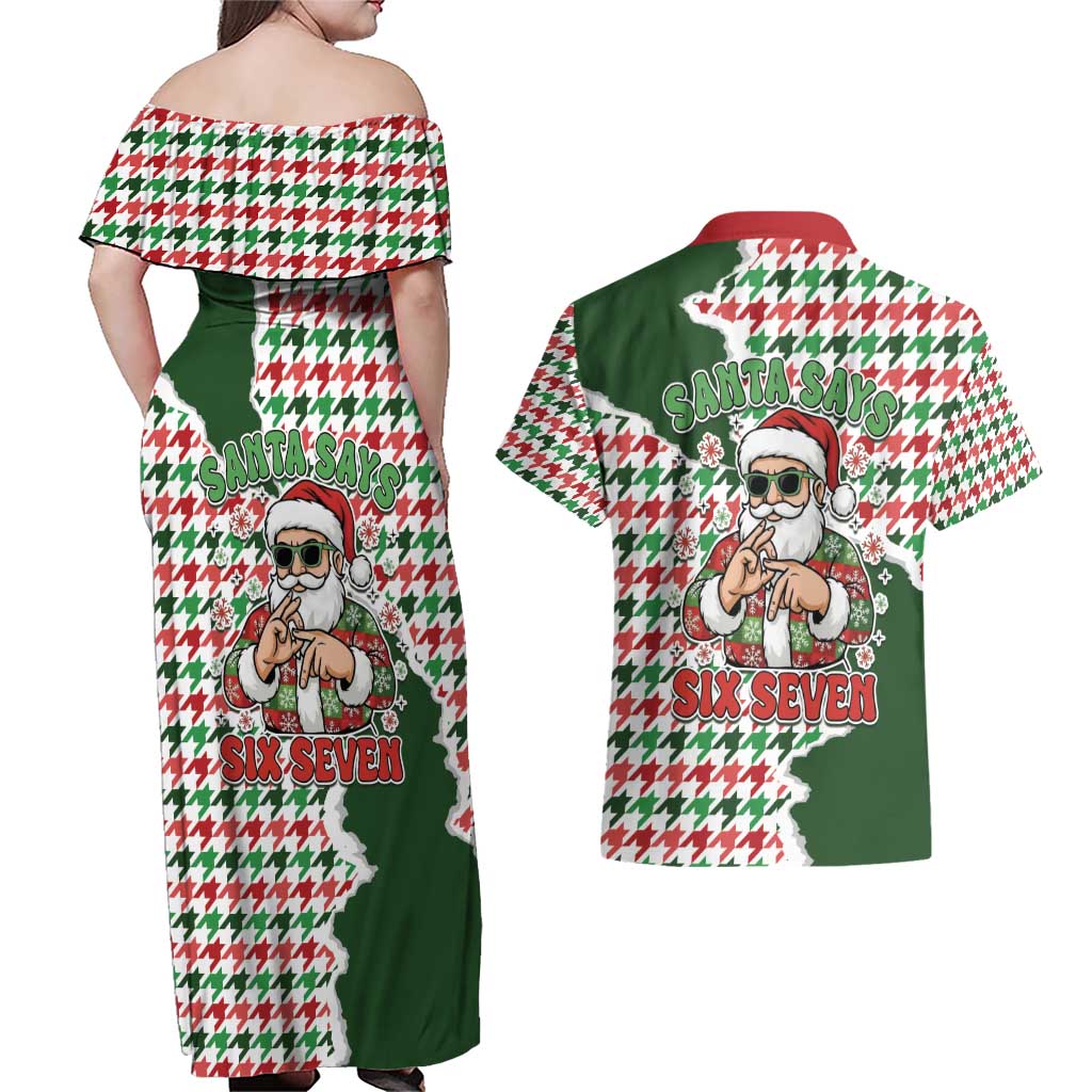 Funny Santa Claus Says Six Seven Couples Matching Off Shoulder Maxi Dress and Hawaiian Shirt Christmas Houndstooth Pattern - Wonder Print Shop