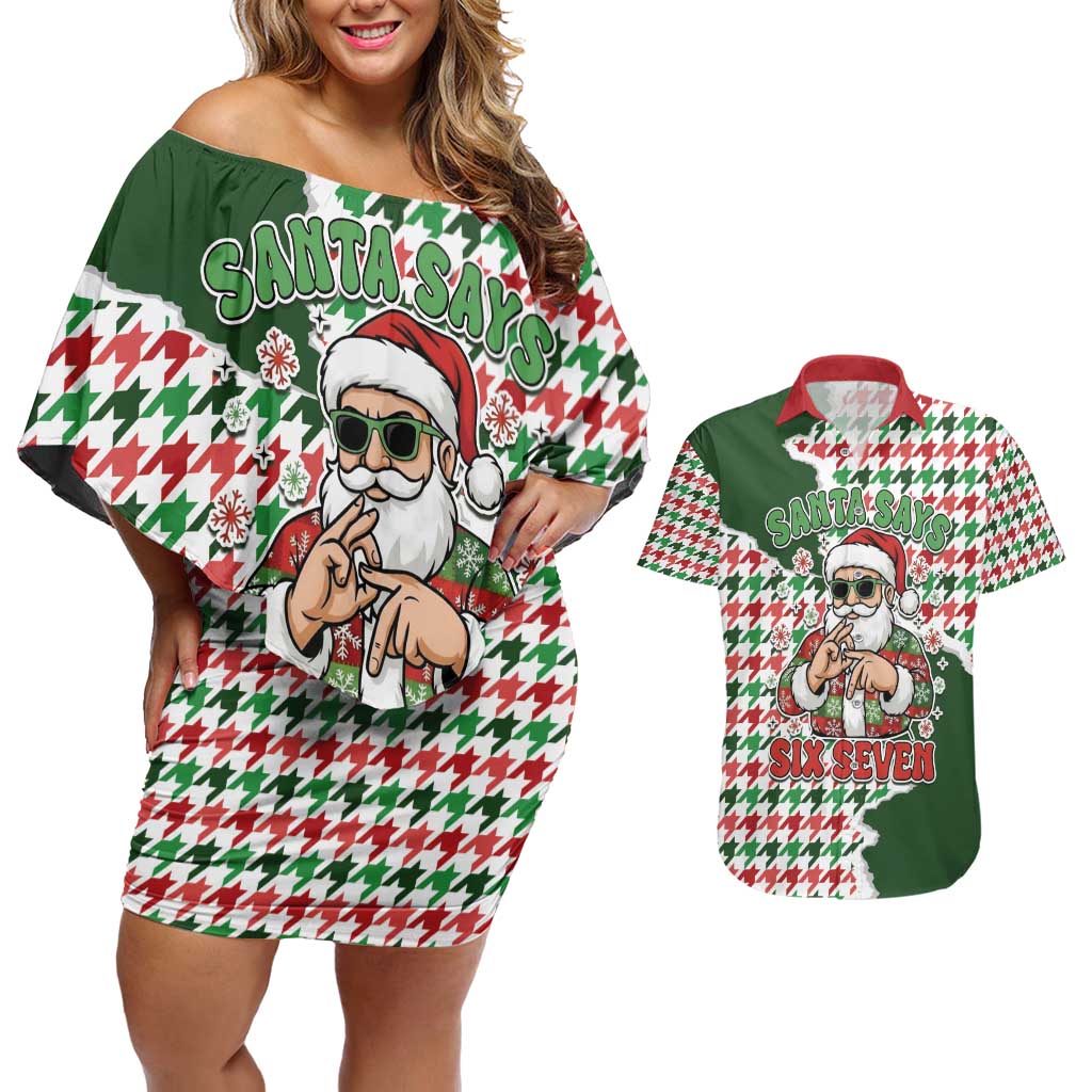Funny Santa Claus Says Six Seven Couples Matching Off Shoulder Short Dress and Hawaiian Shirt Christmas Houndstooth Pattern - Wonder Print Shop