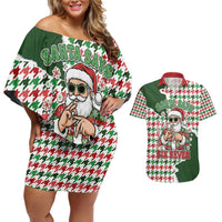 Funny Santa Claus Says Six Seven Couples Matching Off Shoulder Short Dress and Hawaiian Shirt Christmas Houndstooth Pattern - Wonder Print Shop