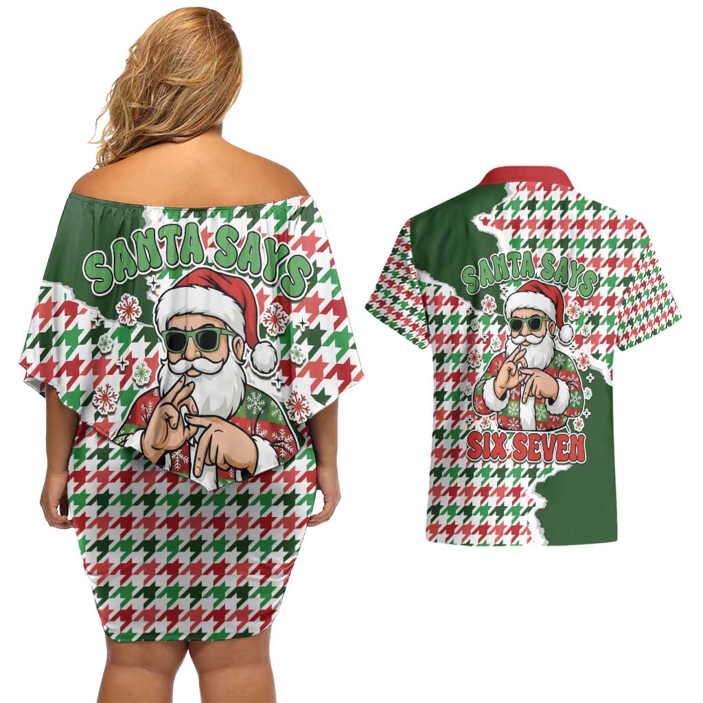 Funny Santa Claus Says Six Seven Couples Matching Off Shoulder Short Dress and Hawaiian Shirt Christmas Houndstooth Pattern - Wonder Print Shop