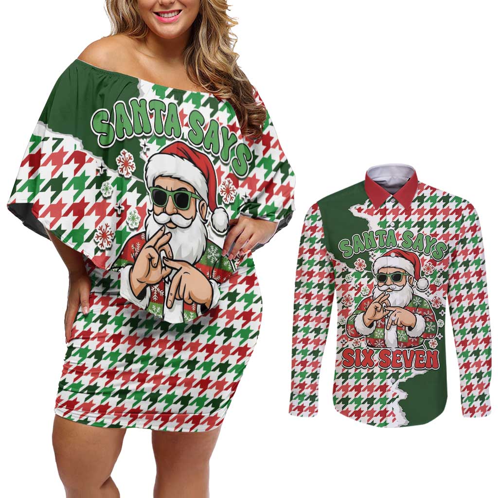 Funny Santa Claus Says Six Seven Couples Matching Off Shoulder Short Dress and Long Sleeve Button Shirt Christmas Houndstooth Pattern - Wonder Print Shop