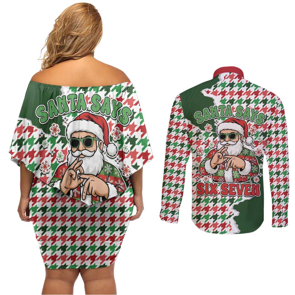 Funny Santa Claus Says Six Seven Couples Matching Off Shoulder Short Dress and Long Sleeve Button Shirt Christmas Houndstooth Pattern - Wonder Print Shop
