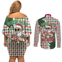 Funny Santa Claus Says Six Seven Couples Matching Off Shoulder Short Dress and Long Sleeve Button Shirt Christmas Houndstooth Pattern - Wonder Print Shop