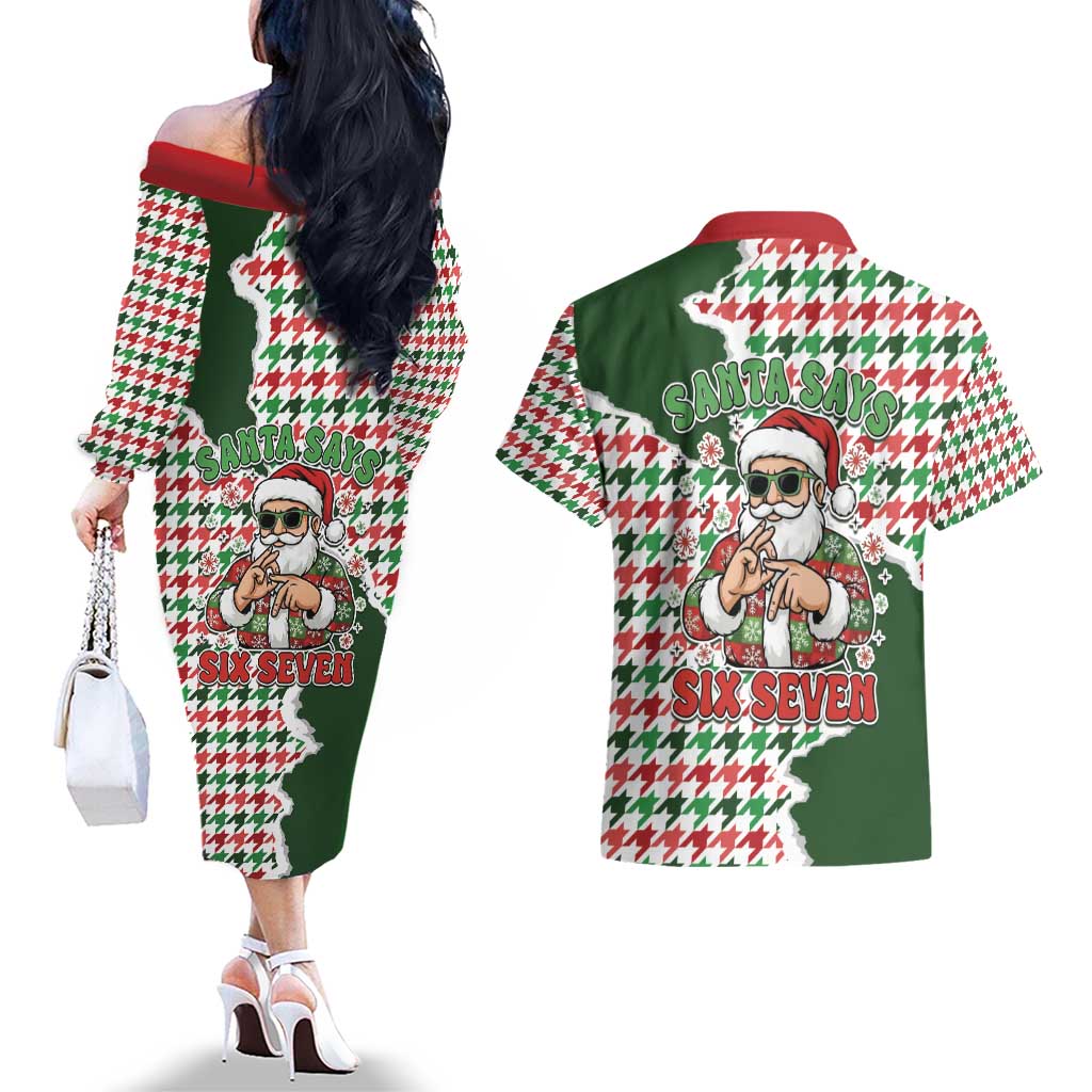 Funny Santa Claus Says Six Seven Couples Matching Off The Shoulder Long Sleeve Dress and Hawaiian Shirt Christmas Houndstooth Pattern - Wonder Print Shop