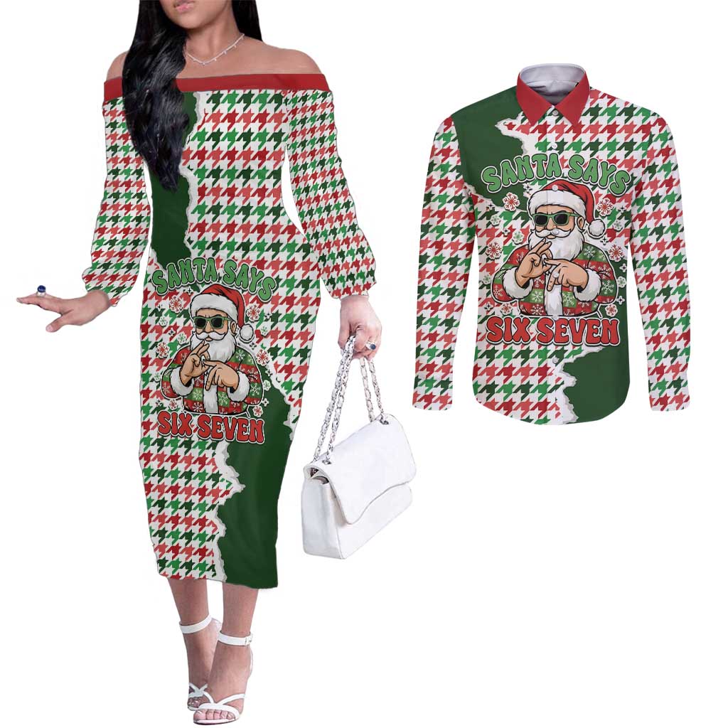 Funny Santa Claus Says Six Seven Couples Matching Off The Shoulder Long Sleeve Dress and Long Sleeve Button Shirt Christmas Houndstooth Pattern - Wonder Print Shop