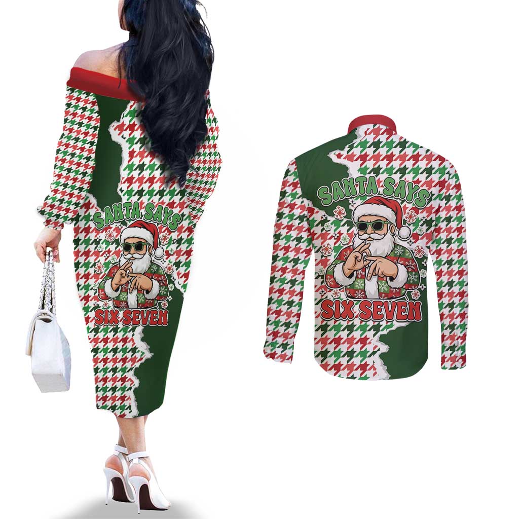 Funny Santa Claus Says Six Seven Couples Matching Off The Shoulder Long Sleeve Dress and Long Sleeve Button Shirt Christmas Houndstooth Pattern - Wonder Print Shop
