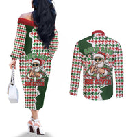 Funny Santa Claus Says Six Seven Couples Matching Off The Shoulder Long Sleeve Dress and Long Sleeve Button Shirt Christmas Houndstooth Pattern - Wonder Print Shop