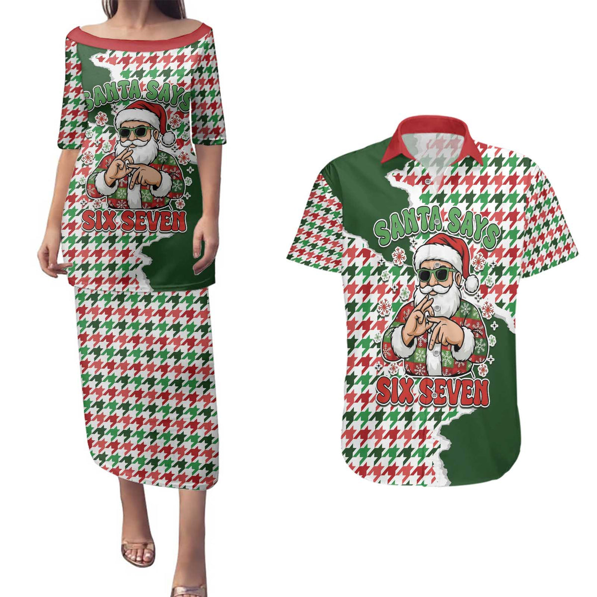 Funny Santa Claus Says Six Seven Couples Matching Puletasi and Hawaiian Shirt Christmas Houndstooth Pattern - Wonder Print Shop