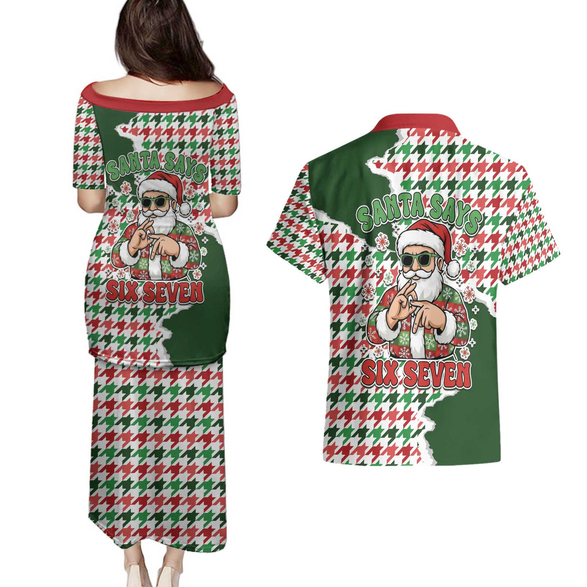 Funny Santa Claus Says Six Seven Couples Matching Puletasi and Hawaiian Shirt Christmas Houndstooth Pattern - Wonder Print Shop