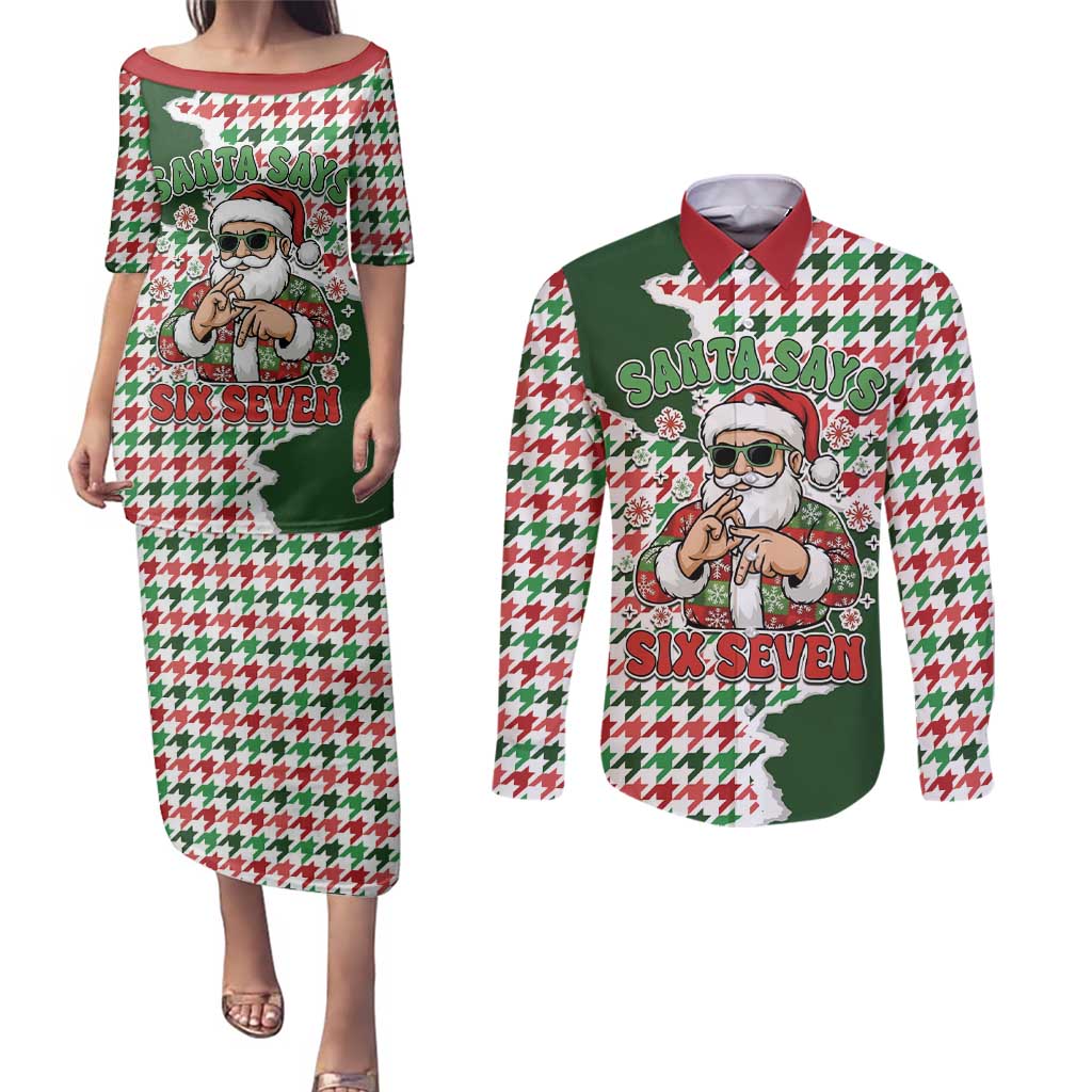 Funny Santa Claus Says Six Seven Couples Matching Puletasi and Long Sleeve Button Shirt Christmas Houndstooth Pattern - Wonder Print Shop