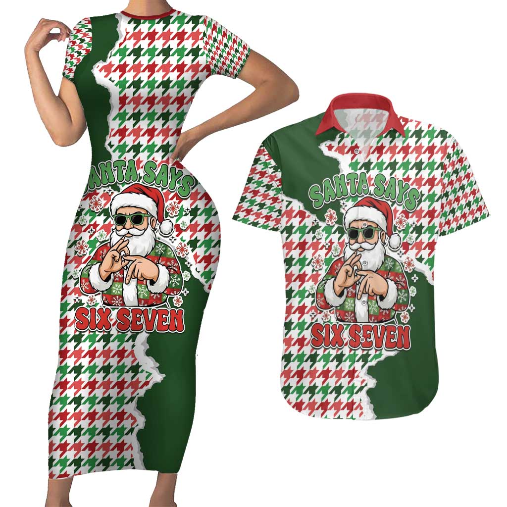 Funny Santa Claus Says Six Seven Couples Matching Short Sleeve Bodycon Dress and Hawaiian Shirt Christmas Houndstooth Pattern - Wonder Print Shop