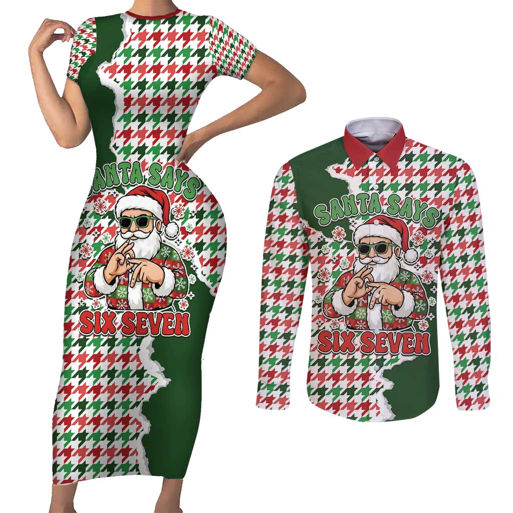 Funny Santa Claus Says Six Seven Couples Matching Short Sleeve Bodycon Dress and Long Sleeve Button Shirt Christmas Houndstooth Pattern - Wonder Print Shop