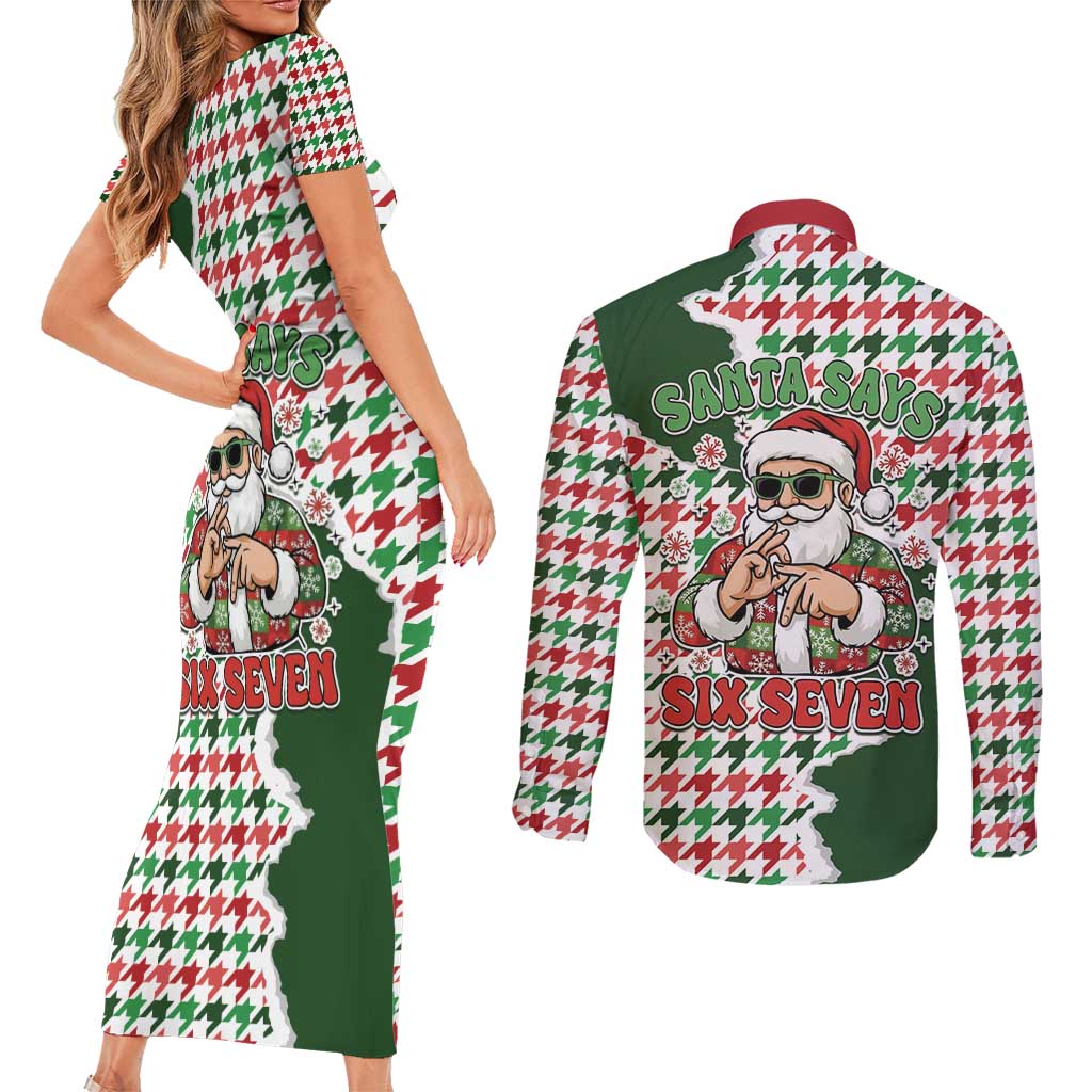 Funny Santa Claus Says Six Seven Couples Matching Short Sleeve Bodycon Dress and Long Sleeve Button Shirt Christmas Houndstooth Pattern - Wonder Print Shop