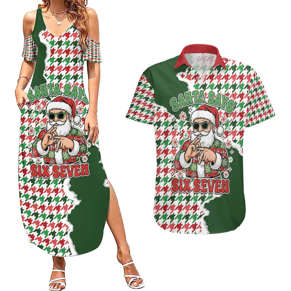 Funny Santa Claus Says Six Seven Couples Matching Summer Maxi Dress and Hawaiian Shirt Christmas Houndstooth Pattern - Wonder Print Shop