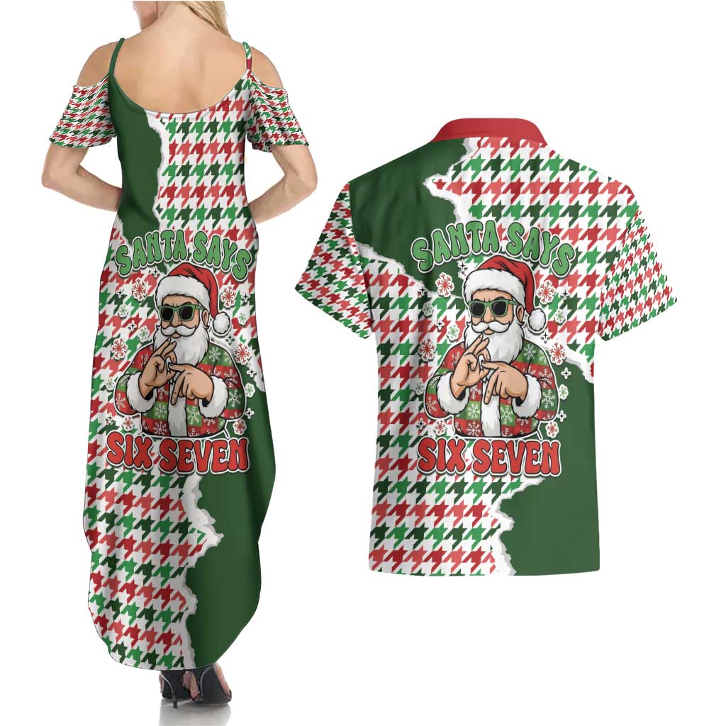 Funny Santa Claus Says Six Seven Couples Matching Summer Maxi Dress and Hawaiian Shirt Christmas Houndstooth Pattern - Wonder Print Shop