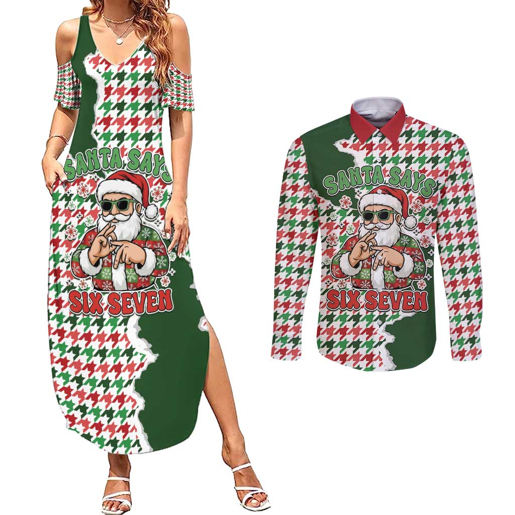 Funny Santa Claus Says Six Seven Couples Matching Summer Maxi Dress and Long Sleeve Button Shirt Christmas Houndstooth Pattern - Wonder Print Shop