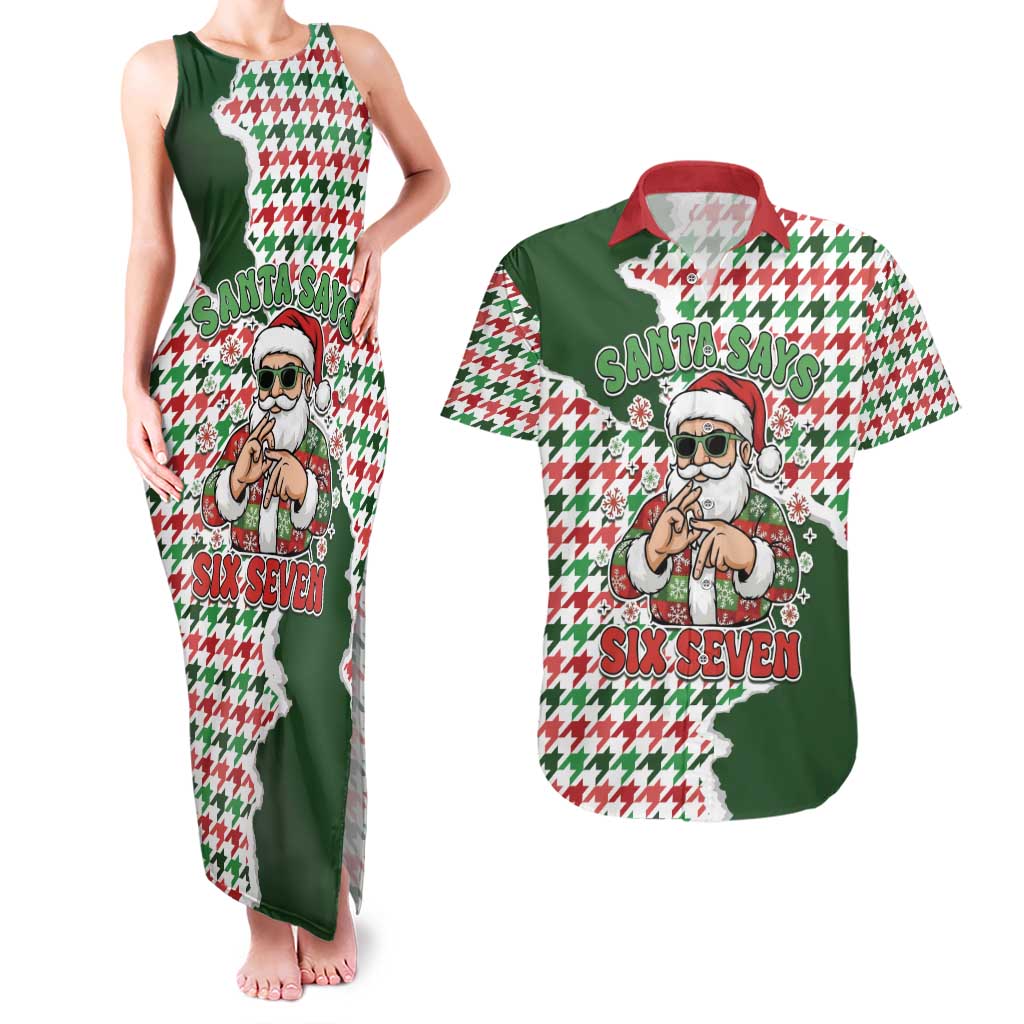 Funny Santa Claus Says Six Seven Couples Matching Tank Maxi Dress and Hawaiian Shirt Christmas Houndstooth Pattern - Wonder Print Shop