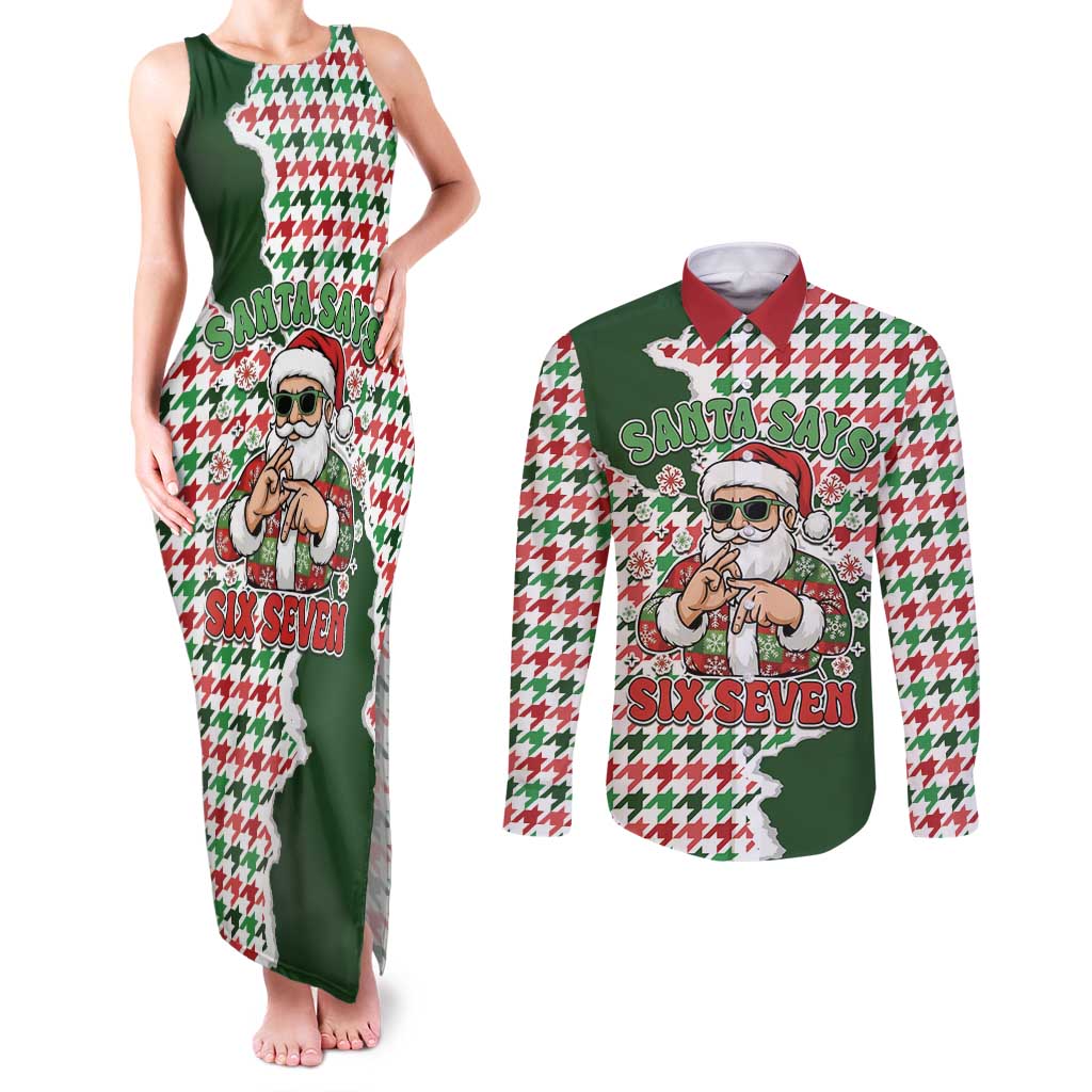 Funny Santa Claus Says Six Seven Couples Matching Tank Maxi Dress and Long Sleeve Button Shirt Christmas Houndstooth Pattern - Wonder Print Shop