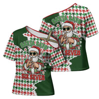 Funny Santa Claus Says Six Seven Cross Shoulder Shirt Christmas Houndstooth Pattern - Wonder Print Shop