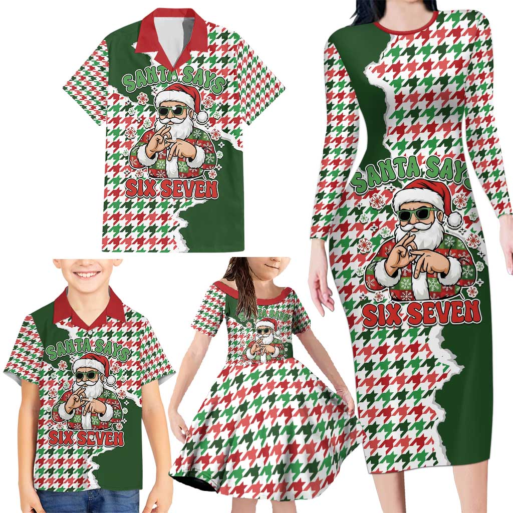 Funny Santa Claus Says Six Seven Family Matching Long Sleeve Bodycon Dress and Hawaiian Shirt Christmas Houndstooth Pattern - Wonder Print Shop