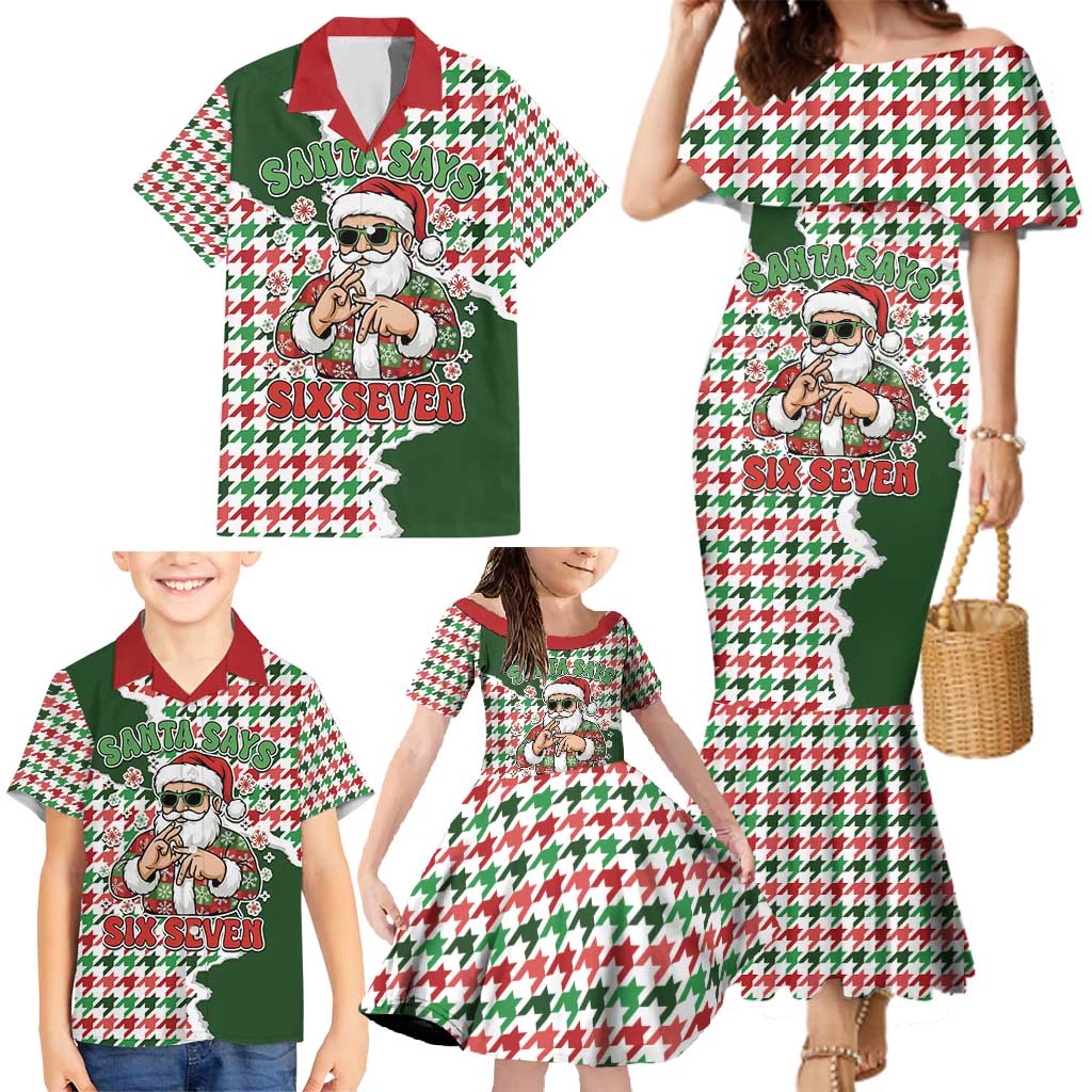 Funny Santa Claus Says Six Seven Family Matching Mermaid Dress and Hawaiian Shirt Christmas Houndstooth Pattern - Wonder Print Shop