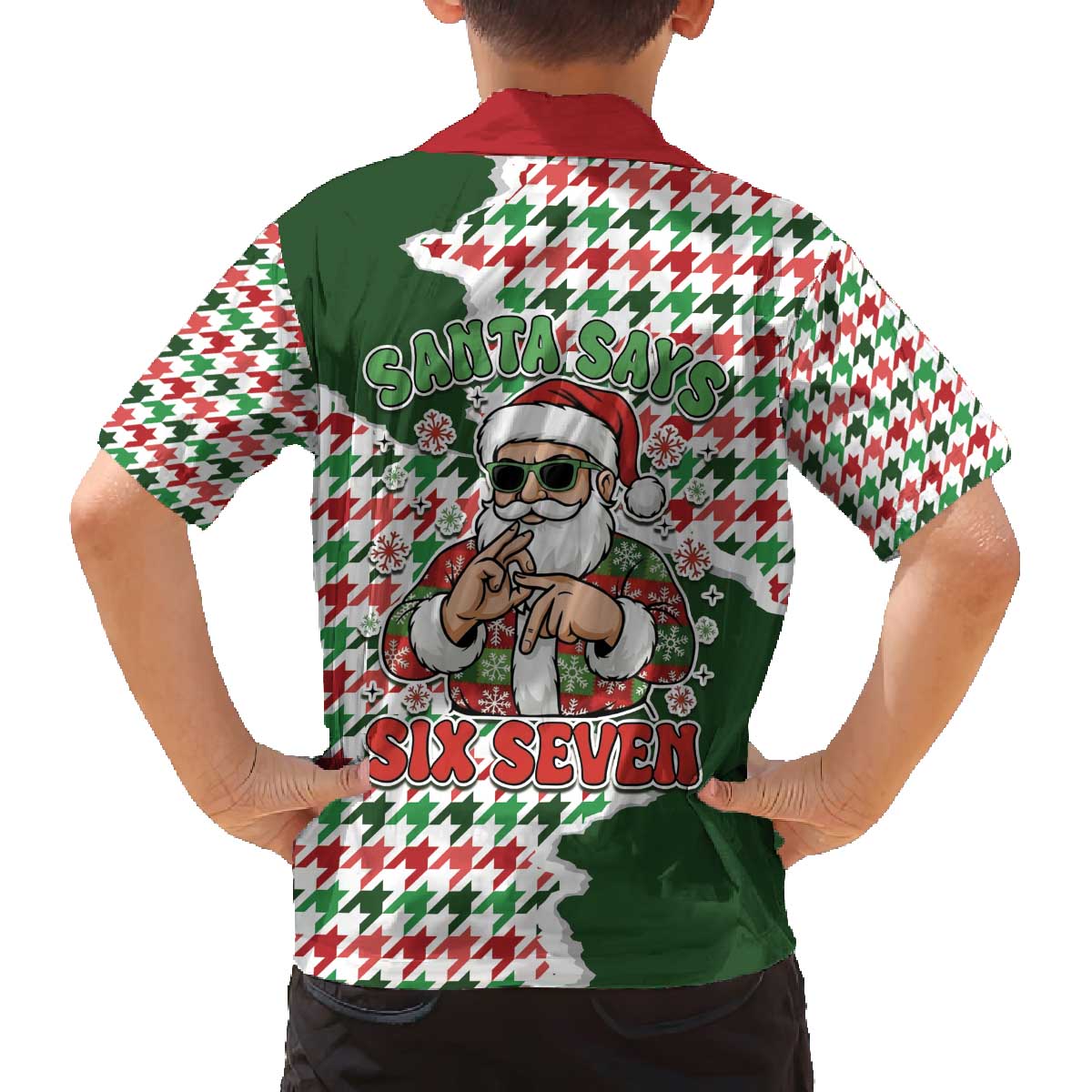 Funny Santa Claus Says Six Seven Family Matching Off The Shoulder Long Sleeve Dress and Hawaiian Shirt Christmas Houndstooth Pattern - Wonder Print Shop