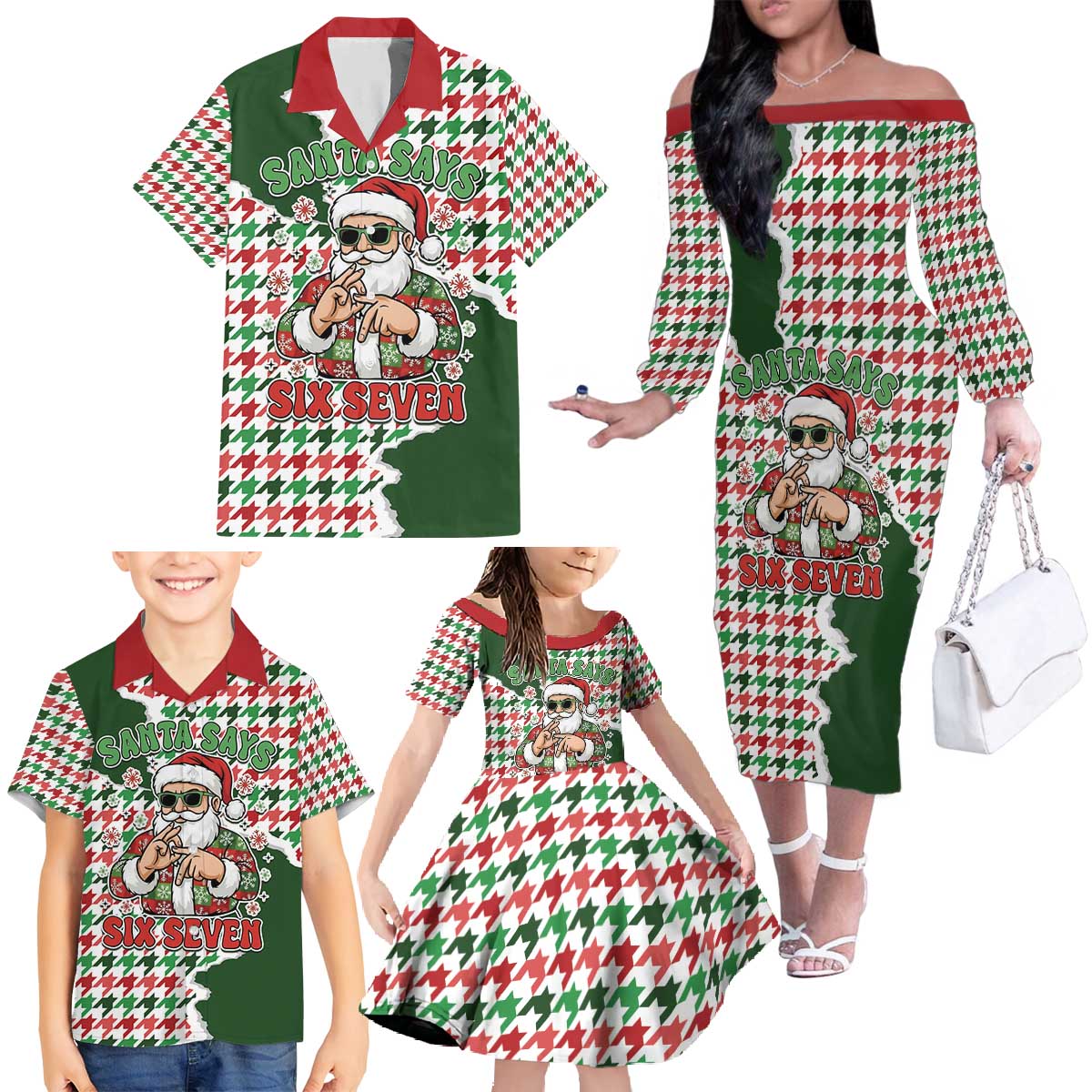 Funny Santa Claus Says Six Seven Family Matching Off The Shoulder Long Sleeve Dress and Hawaiian Shirt Christmas Houndstooth Pattern - Wonder Print Shop