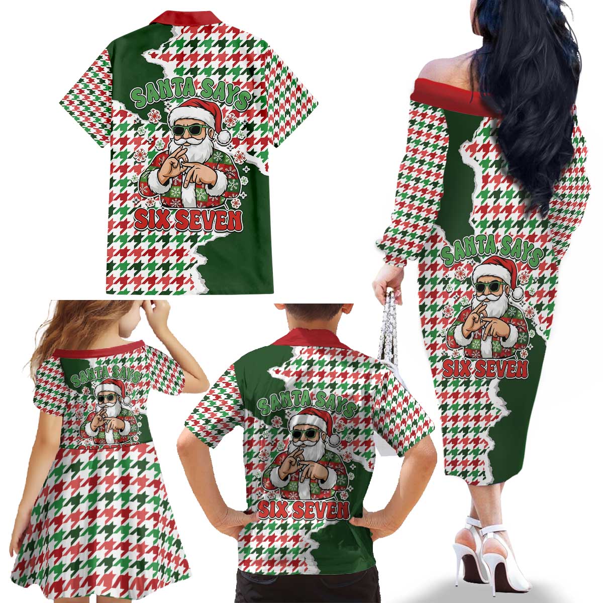Funny Santa Claus Says Six Seven Family Matching Off The Shoulder Long Sleeve Dress and Hawaiian Shirt Christmas Houndstooth Pattern - Wonder Print Shop