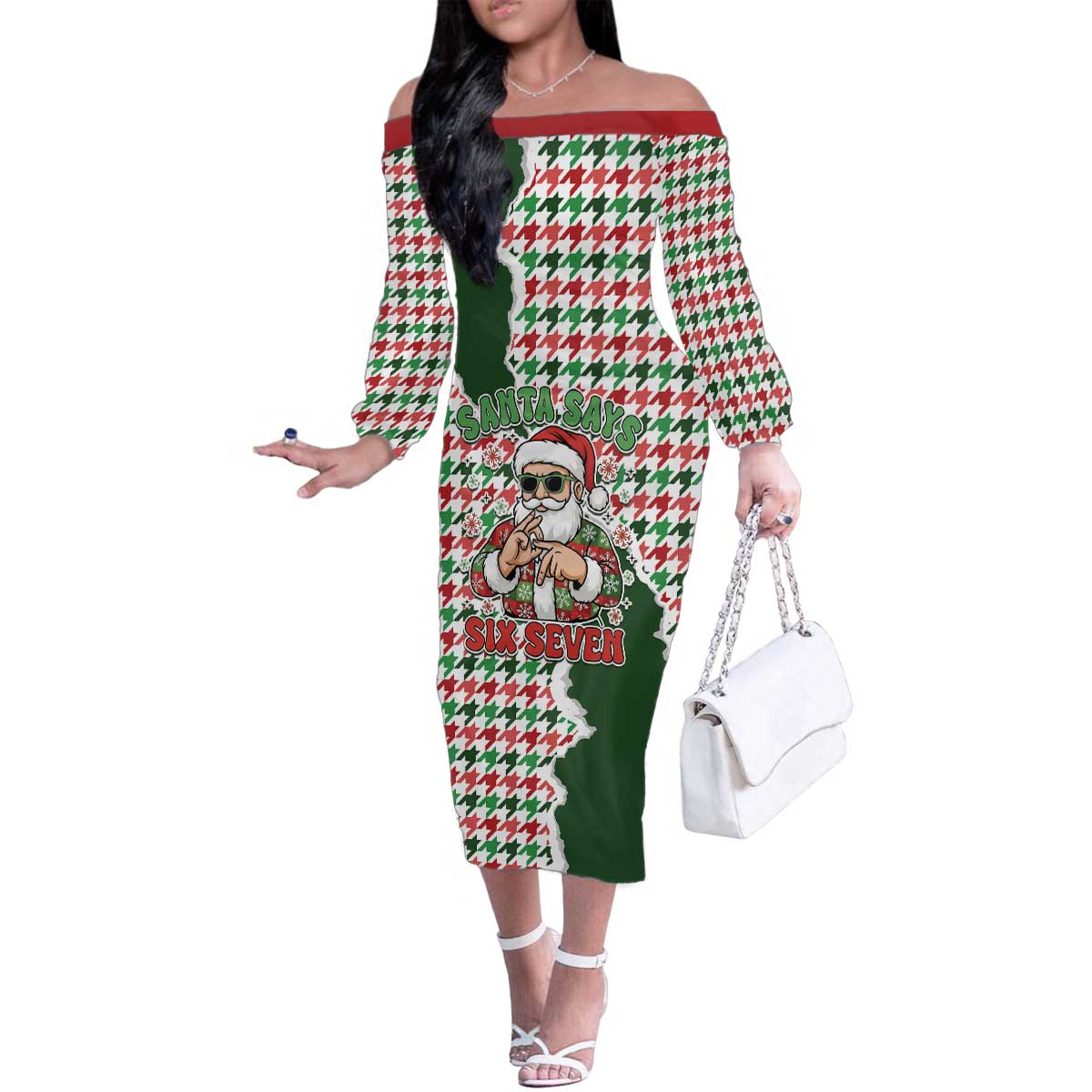 Funny Santa Claus Says Six Seven Family Matching Off The Shoulder Long Sleeve Dress and Hawaiian Shirt Christmas Houndstooth Pattern - Wonder Print Shop