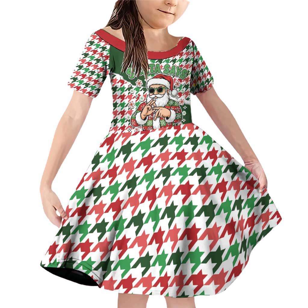 Funny Santa Claus Says Six Seven Family Matching Off Shoulder Short Dress and Hawaiian Shirt Christmas Houndstooth Pattern - Wonder Print Shop